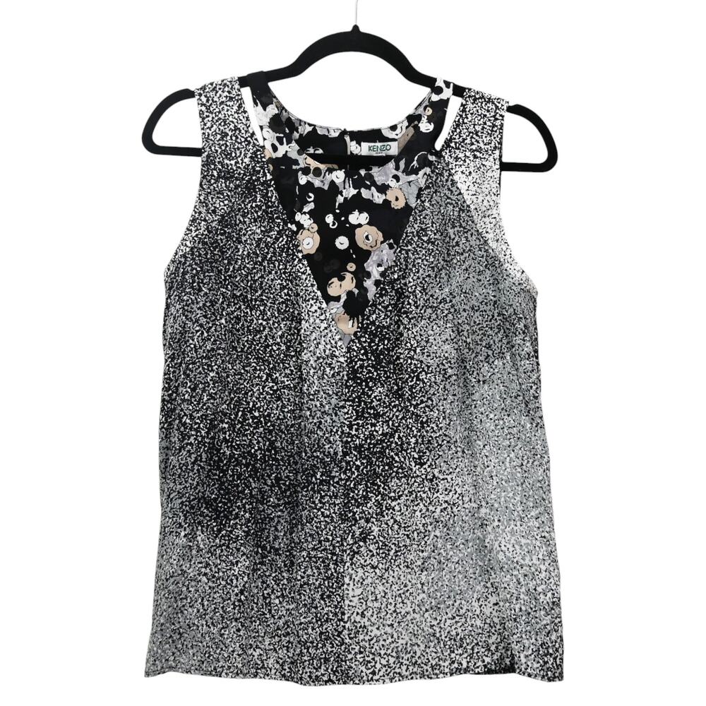 Kenzo Paris Black Gray Print Silk Cold Shoulder Blouse Size 38 Approx US Small